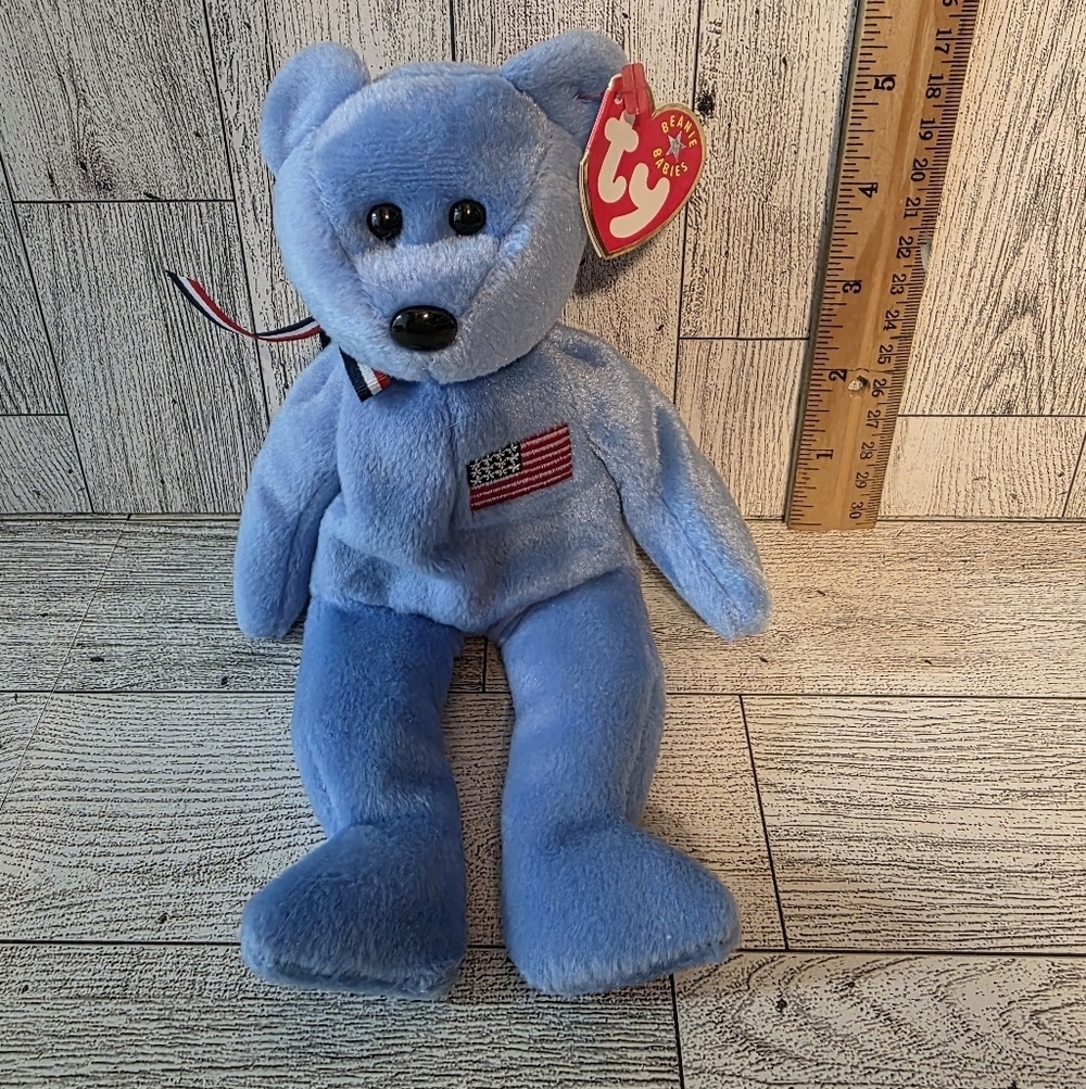 Ty America Light Blue Plush Bear with Flag Patch